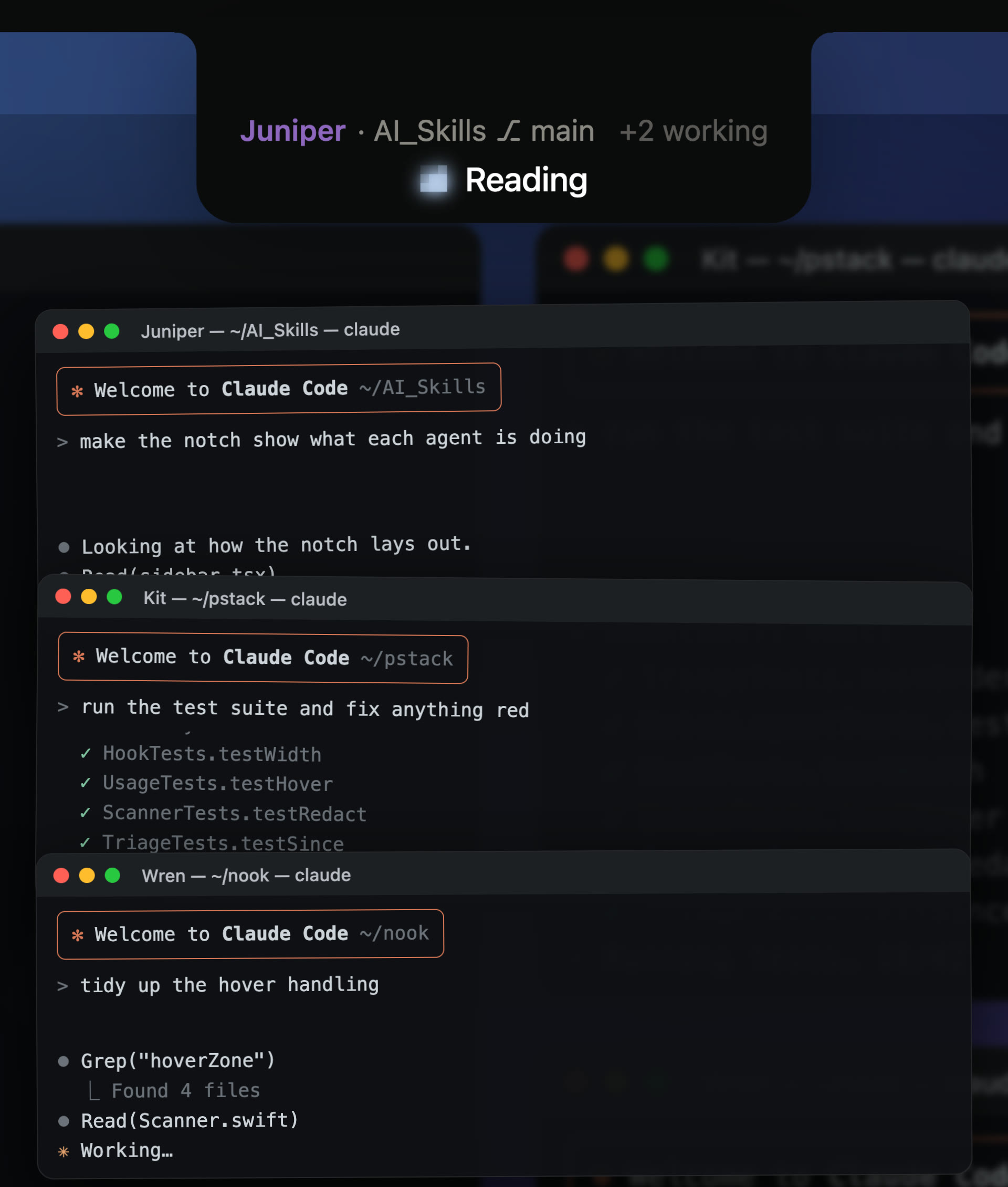 Three Claude Code terminals, Juniper, Kit and Wren, each working on its own task