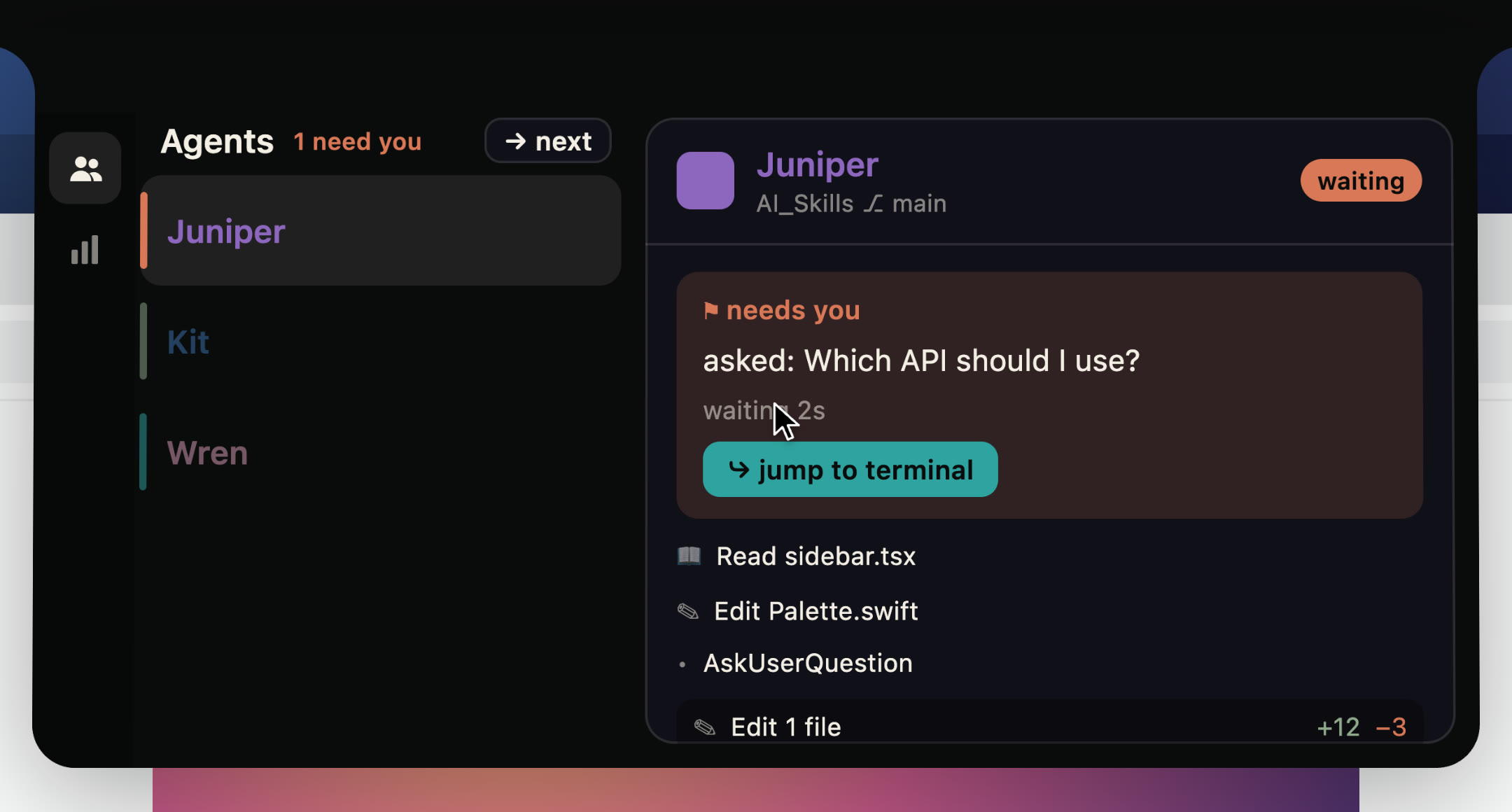 The preview card: Juniper needs you, asked which API to use, with a jump to terminal button